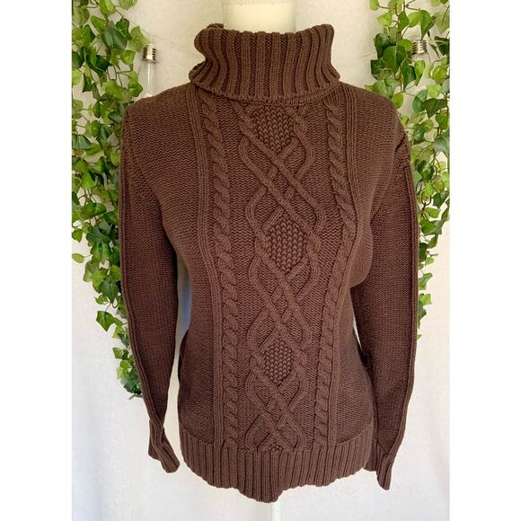 Eddie Bauer Vintage Brown Cable Knit Turtle Neck Sweater Women's SZ Large - Picture 2 of 10